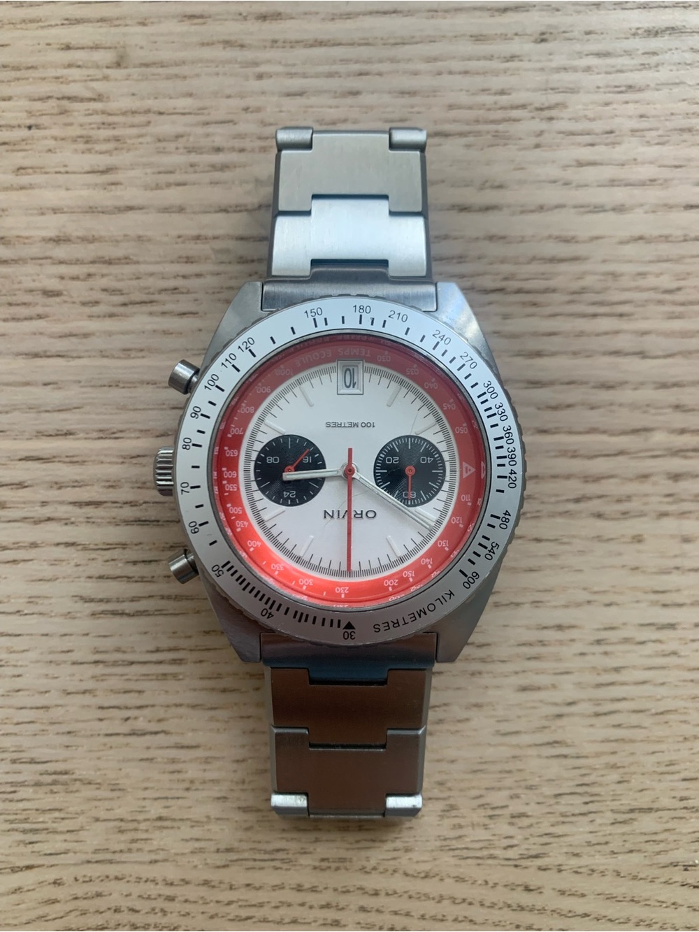 Orvin Racing Chronograph VK64 Watch - Silver with Red Accent